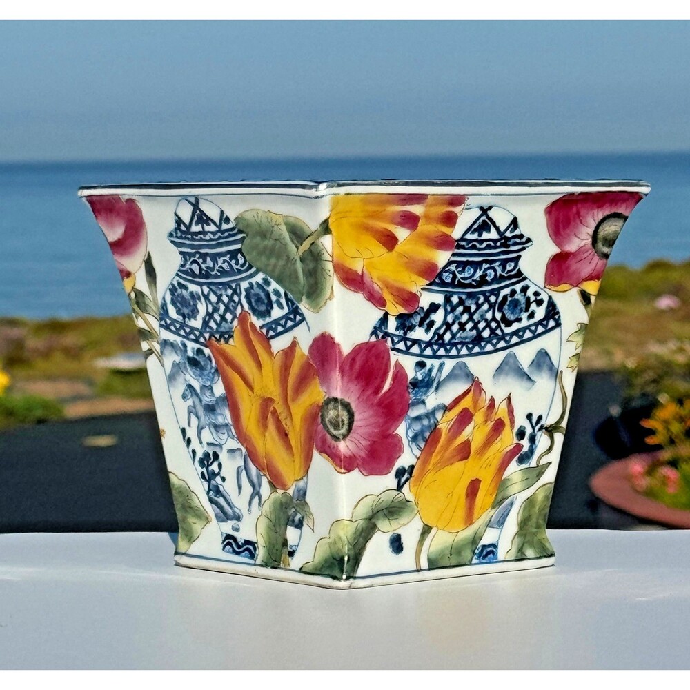 Planter Cachepot Oriental Accent Floral Porcelain Blue White Vase Motif Square